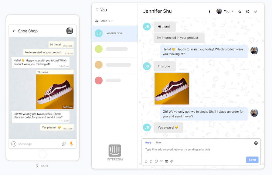 Screenshot of messages synchronized between OK.ru on a mobile phone and the Intercom web app