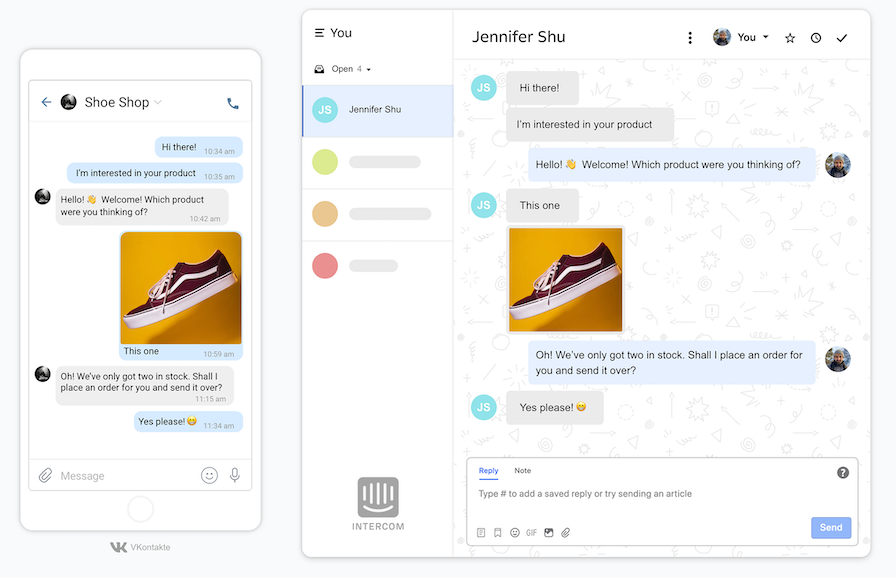 Screenshot of messages synchronized between VKontakte on a mobile phone and the Intercom web app